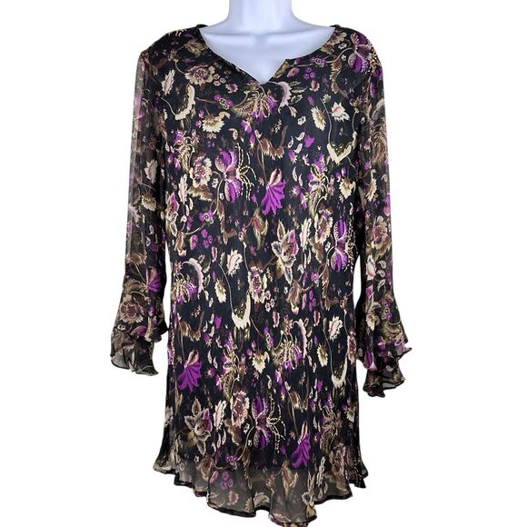 NY City Women 100% Silk Dark Floral Midi Dress 1X Fairy Grunge Whimsigoth Beaded - Picture 8 of 11